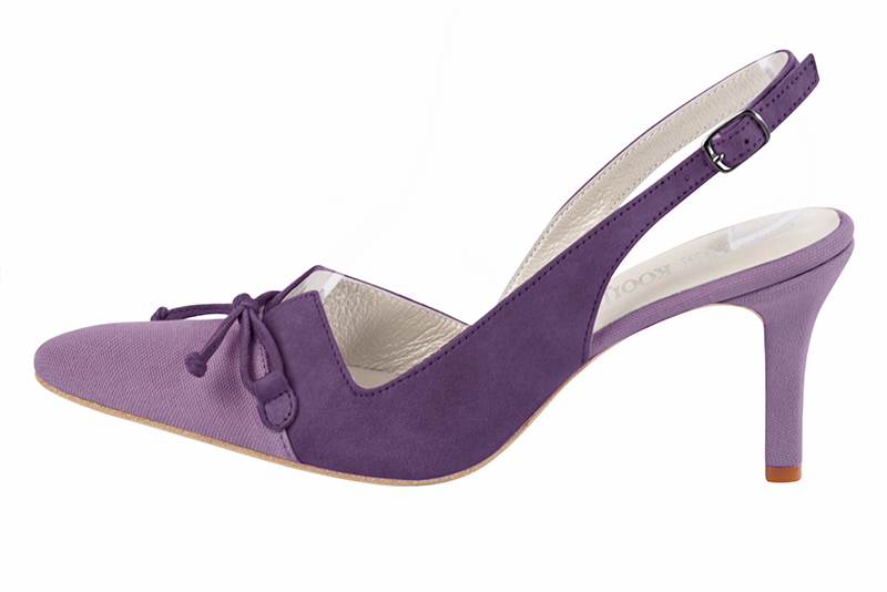 Amethyst purple women's open back shoes, with a knot. Tapered toe. High slim heel. Profile view - Florence KOOIJMAN